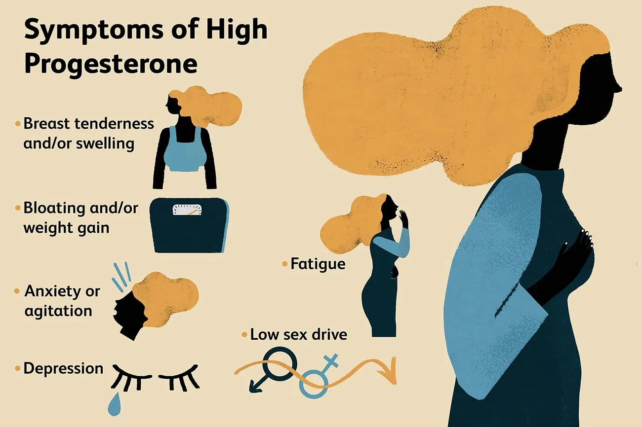 Illustration listing symptoms of high progesterone including breast tenderness, bloating, anxiety, depression, fatigue, and low sex drive.