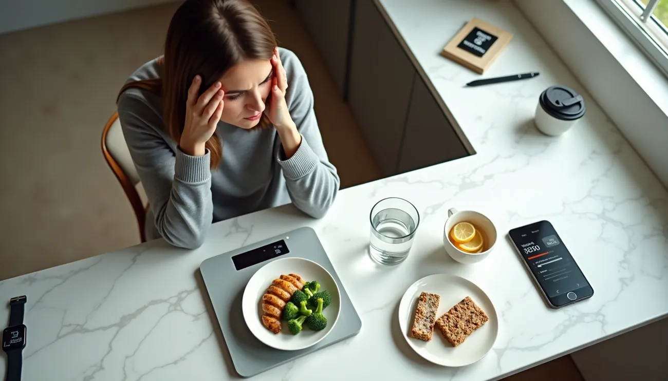 Woman holding her head in frustration at a table with a small healthy meal and calorie tracking on her phone.