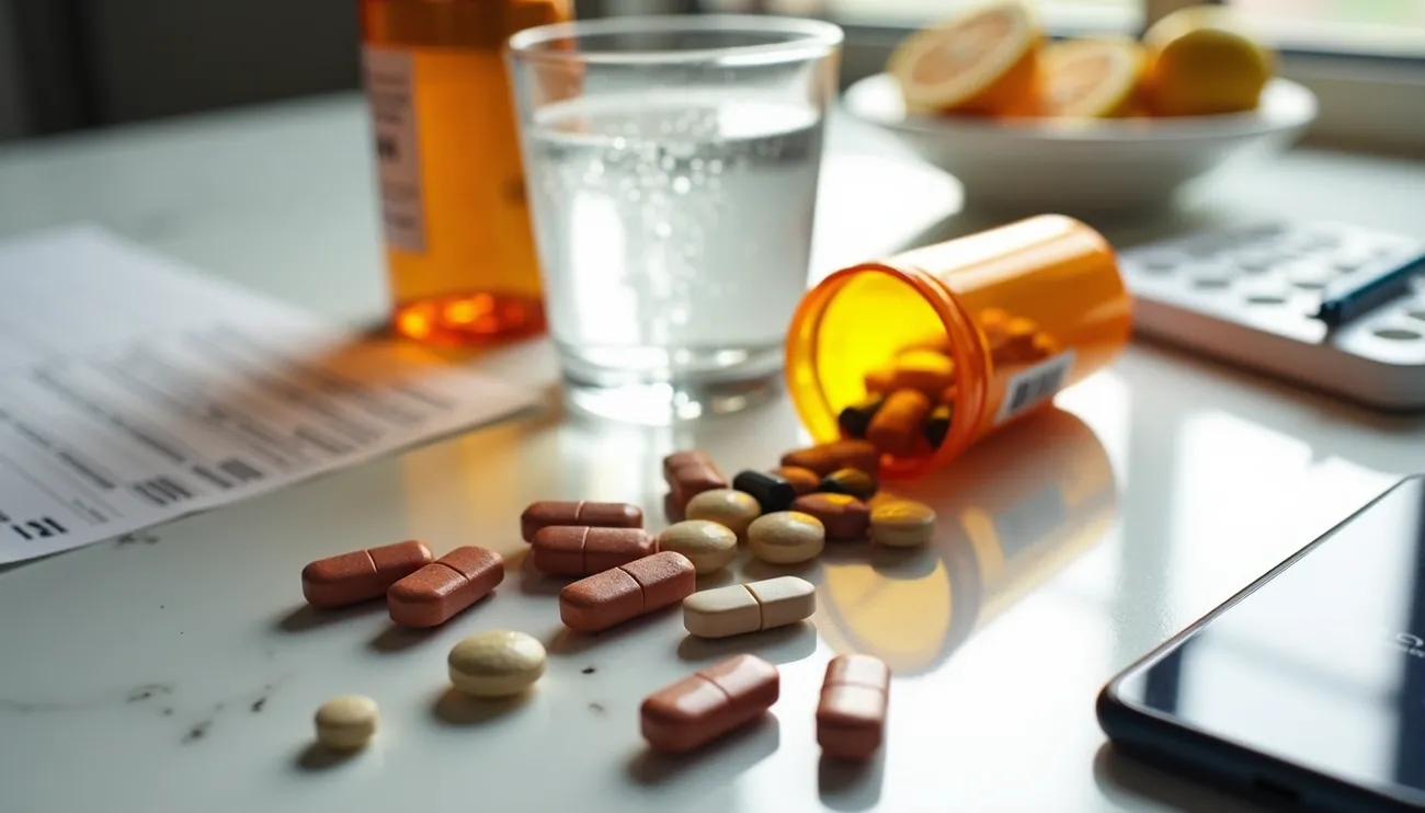 Various pills spilled from an orange bottle next to a glass of water on a table with a phone and documents.