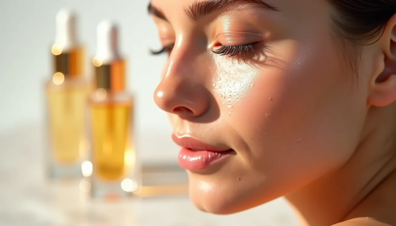 Close-up of a woman with glowing skin and two blurred serum bottles in the background for a skincare article.