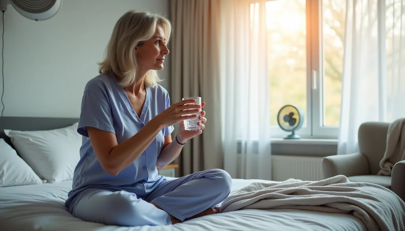 Middle-aged woman in pajamas sitting on bed holding a glass of water with a small fan by the window in morning light.
