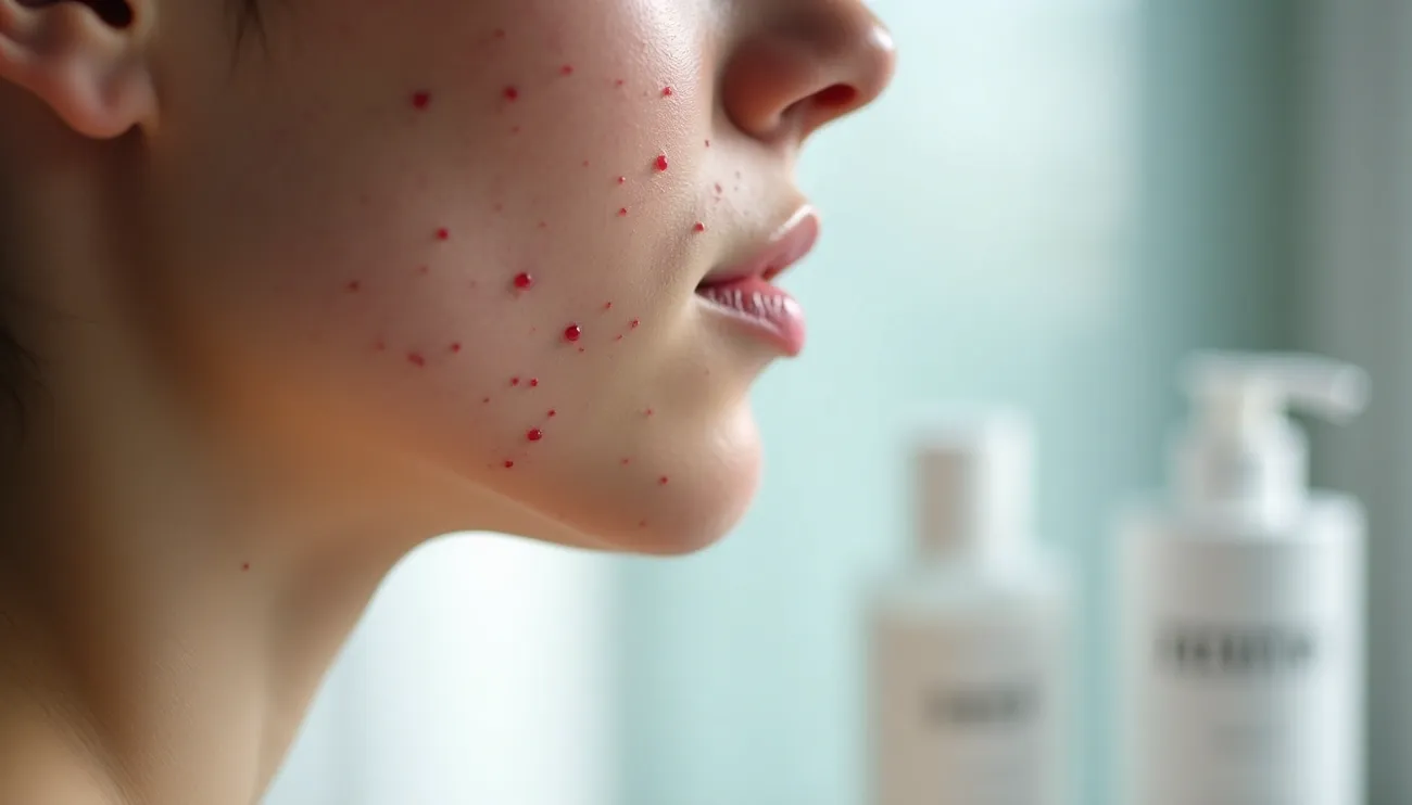 Close-up of a person's cheek with red acne spots and skincare bottles blurred in the background.