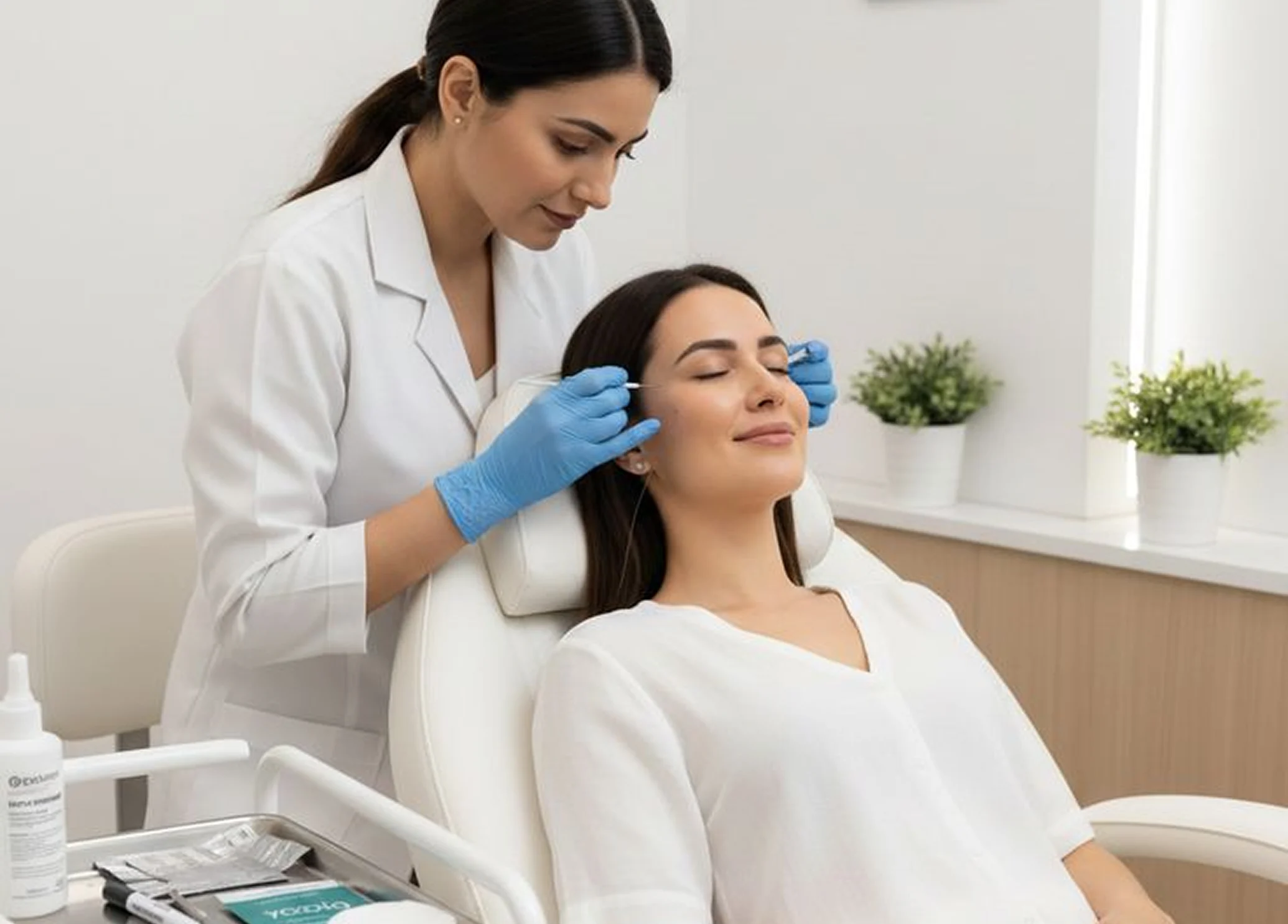 A provider in gloves examining a patient’s face in a treatment room