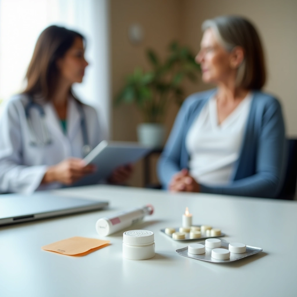 Doctor and patient discussing hormone therapy with pills and medication on the table in focus.