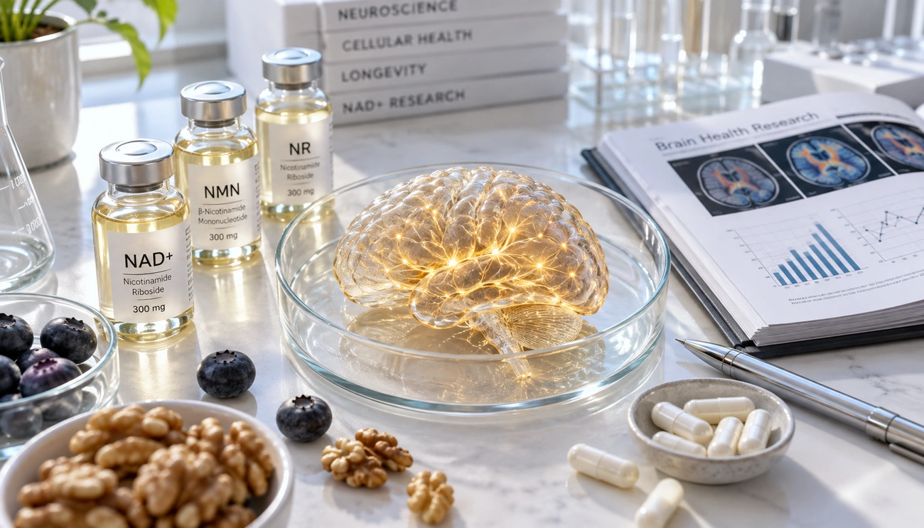 Lab setup with supplements, walnuts, blueberries, a glowing brain model, and brain health research materials on a desk.